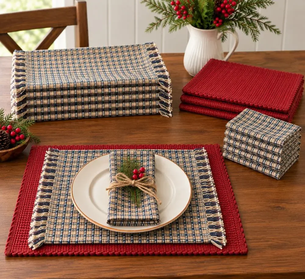 Blue Cream Plaid Placemats Napkins Red Woven Holiday Cottage Country Tablescape
